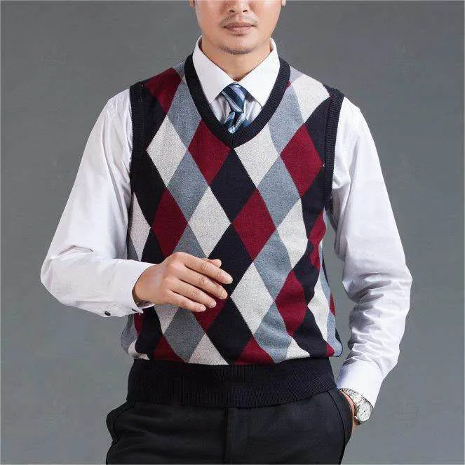 2024 Manufacturer Custom Mens Argyle Sweater Vest Cotton Black Sleeveless v Neck Jacquard Knitted Sweater Vest For Men