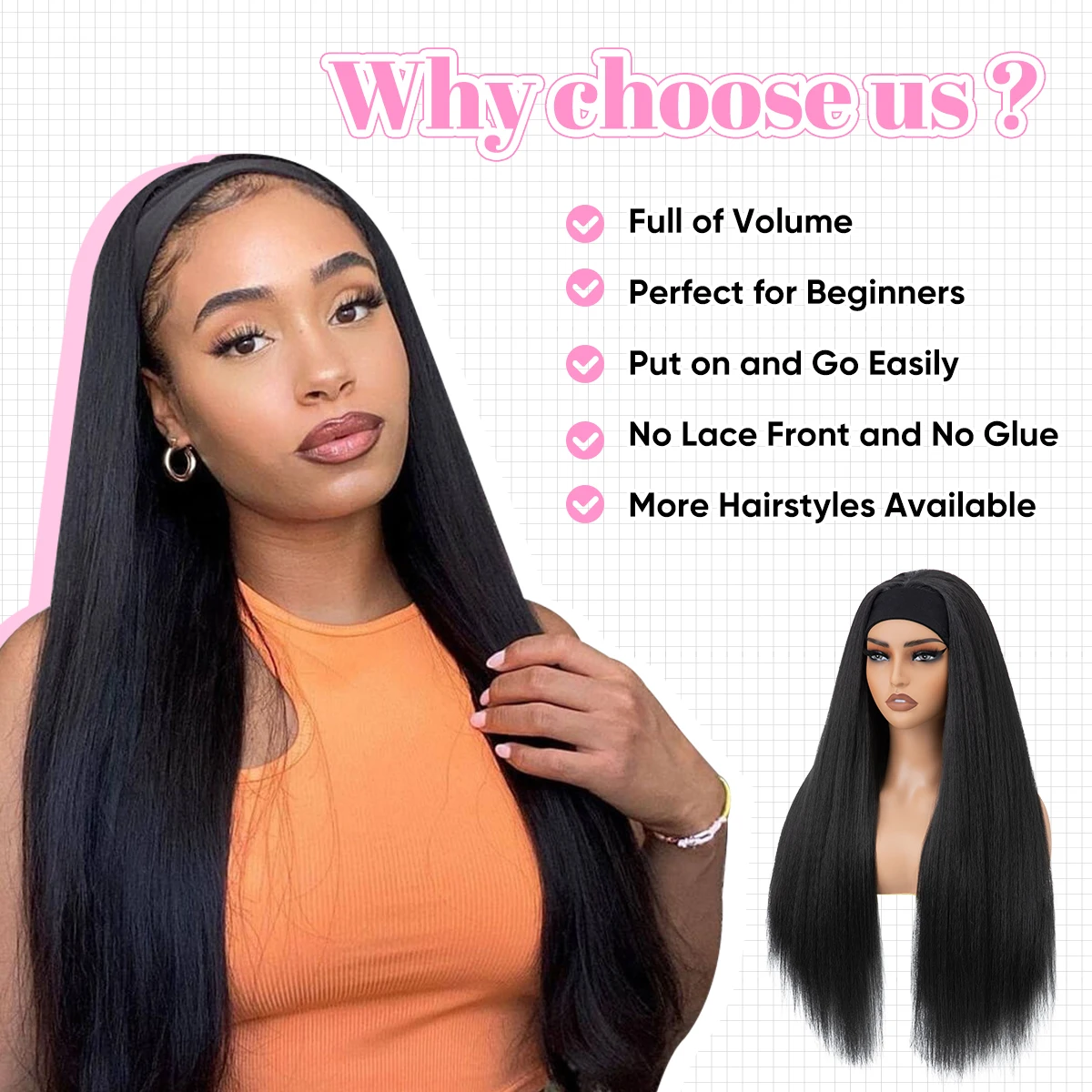 Wholesale YaKi Straight Headband Afro Wigs For Black Woman Glueless Headband Wig Synthetic Wig Heat Resistant For Women Hair