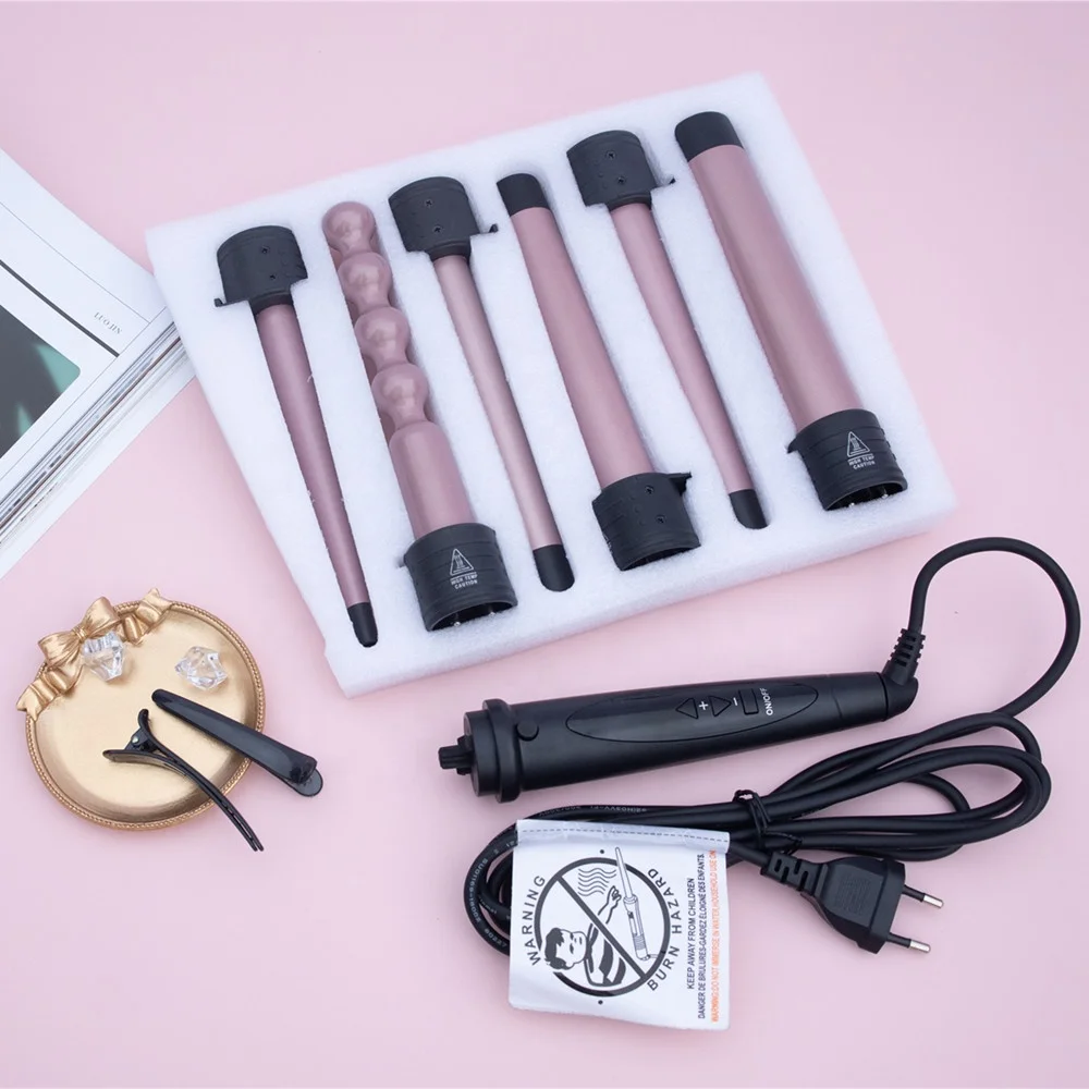New invention product with gift box 5 in 1 hair styler professional ceramic curling iron rotating interchangeable hair curler