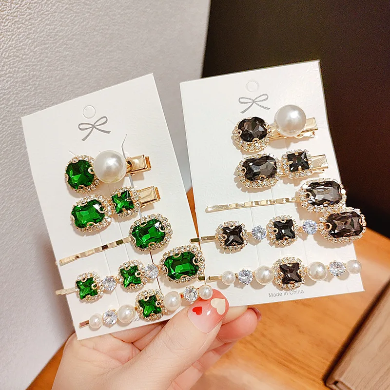 2022 Wholesaler Korean Word Hair Clips Hairpin Accessories Vintage Green Pearl Rhinestone Hair Clips For Women Girl