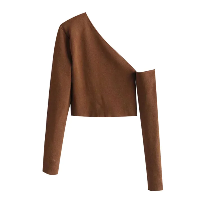 2021 Fashion Hollow Out Cropped Knitted Sweater Vintage Asymmetric Neck Long Sleeve Female Pullovers