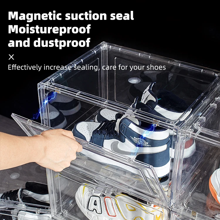 Ready to ship High Quality Transparent Detachable Stackable Large Plastic PET Storage Sneaker Shoe Box with Magnetic Door