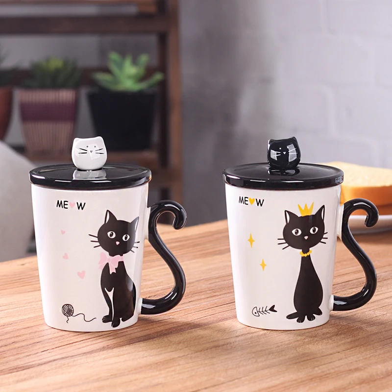 Factory Wholesale Creative Cartoon Cat Tail Handle Milk Ceramic Cup Animal Advertising Promotion Mug With Lid