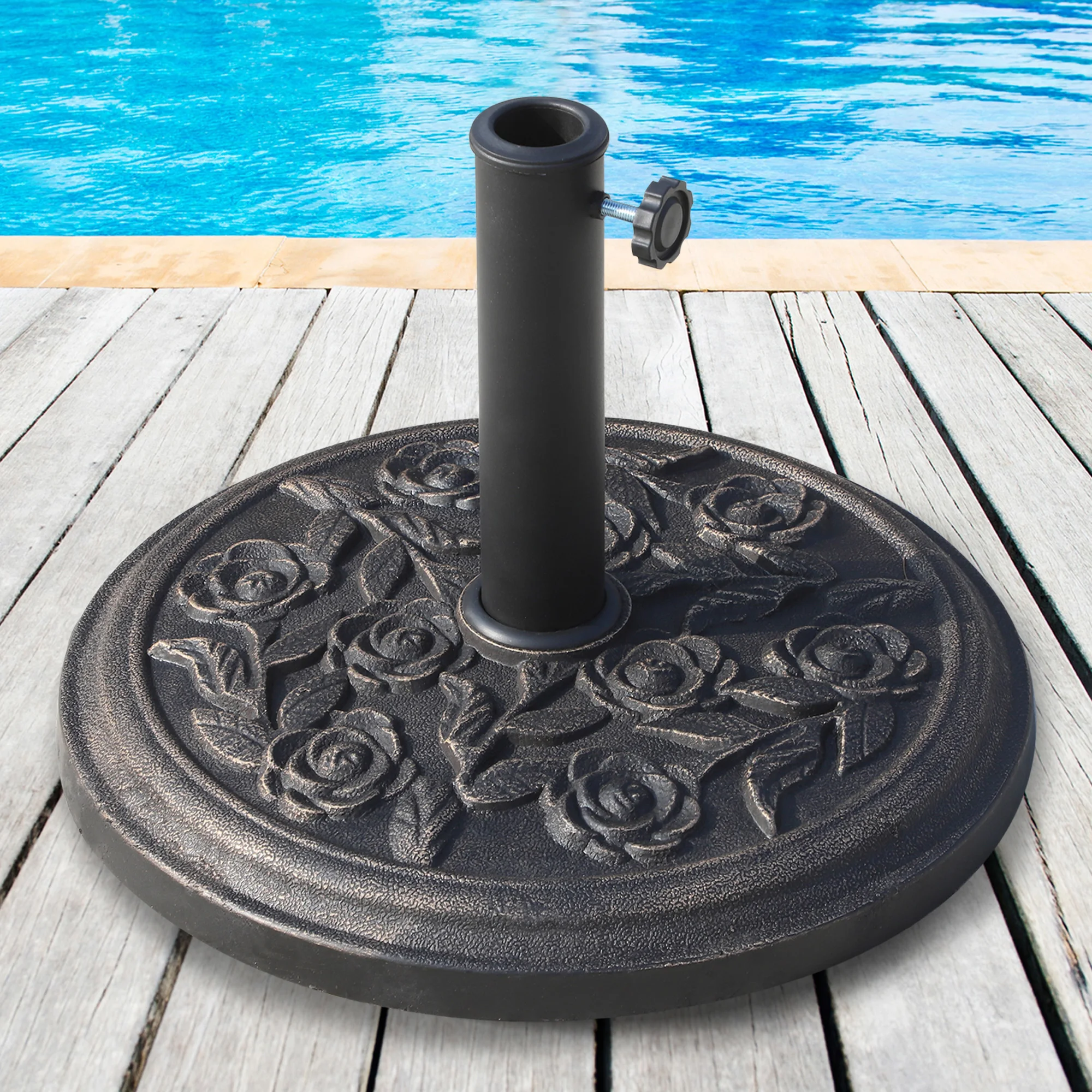 Round Resin Umbrella Base Stand Market Parasol Holder with Decorative Rose Floral Pattern & Easy Setup umbrella base plastic