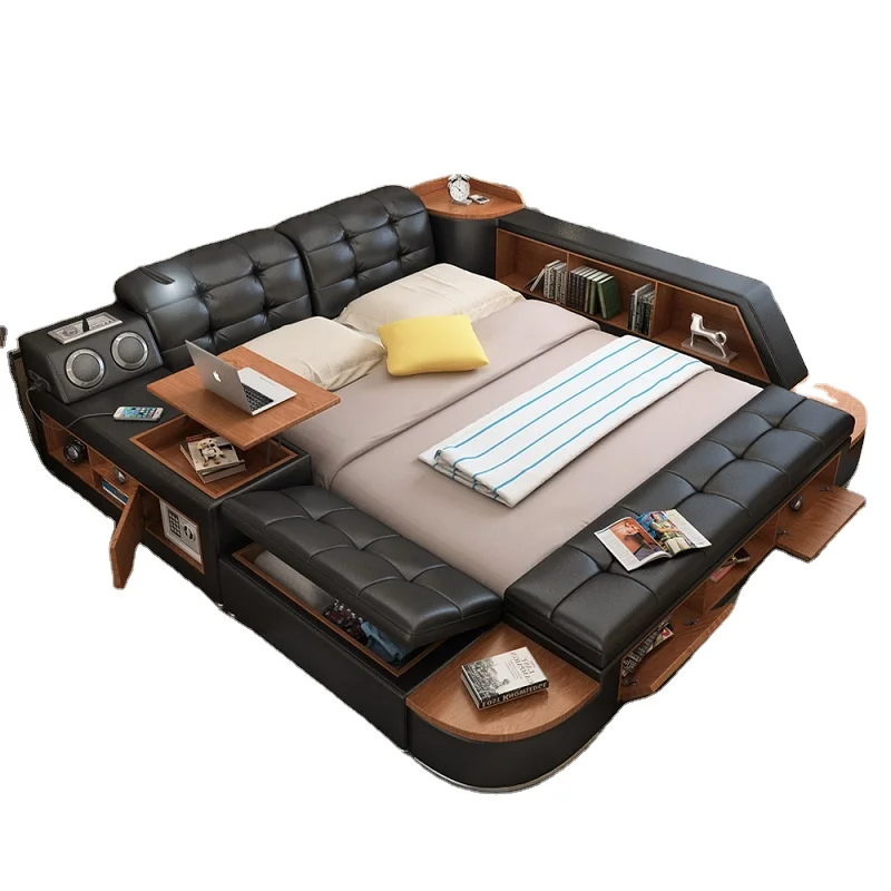 CBMMART Functional Bedroom Furniture Sets King Size Genuine Leather Storage Cama Beds