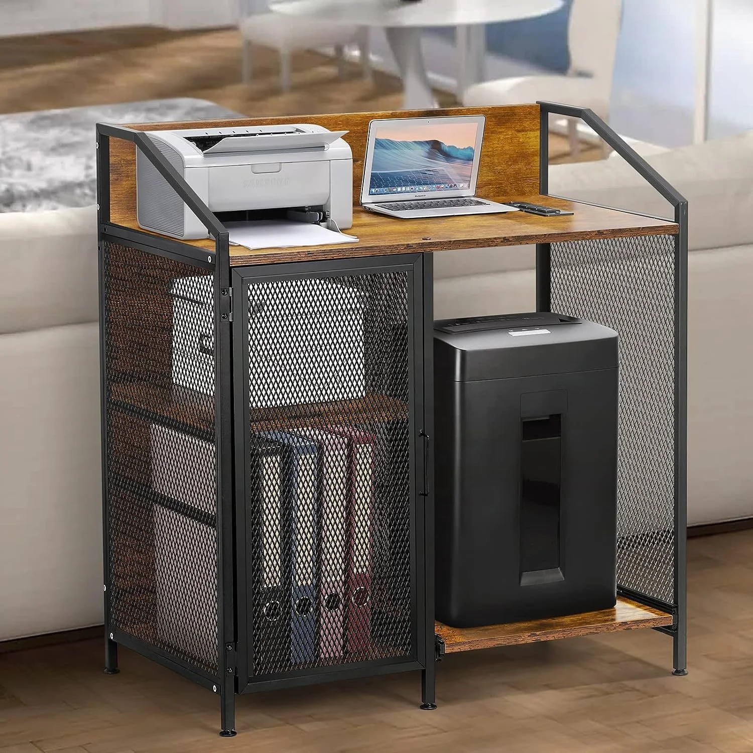 Modern Printer Stand and Paper Shredder Stand Rack 3-Tier Lateral Office Filing Cabinets with Socket and USB Charging Port