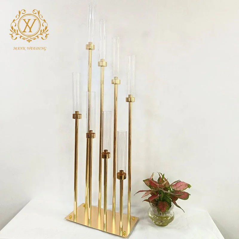 Gold Metal Wedding Candle Holder 8 Arms Iron Plated Tall Hurricane Candlesticks for Wedding Centerpiece Table Decoration