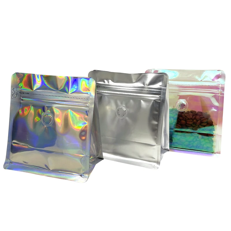 In Stock recyclable New With One Way Air Valve Design Pink Silver Holographic stand up Flat Bottom Coffee Tea Snake Zipper Bag