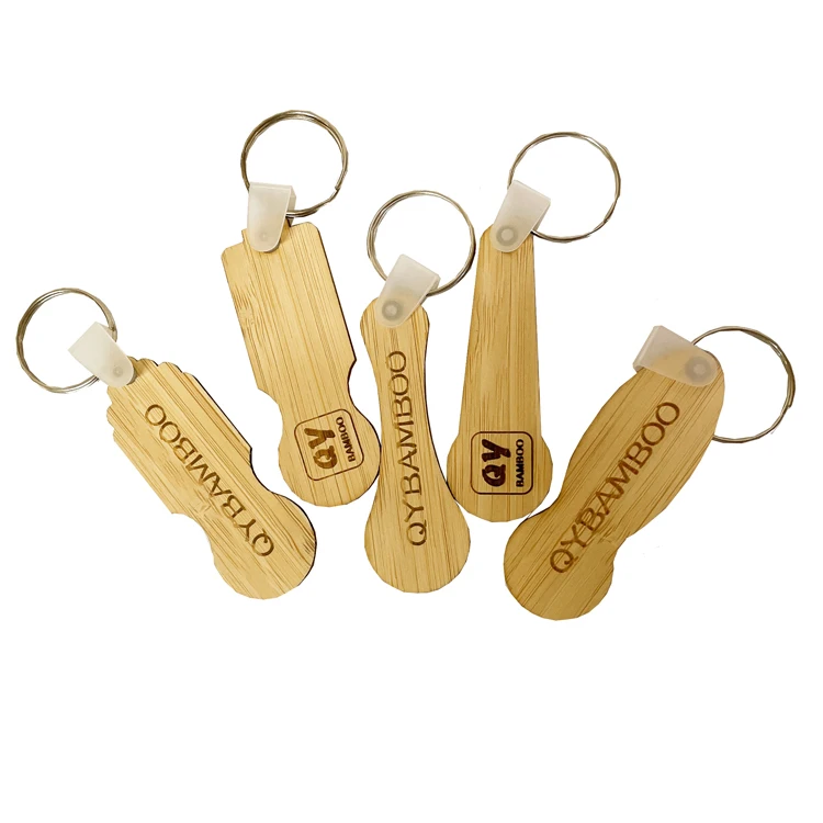 Custom Design bamboo wooden Keyring Supermarket Shopping Cart Chip Trolley Token Coin Keychain