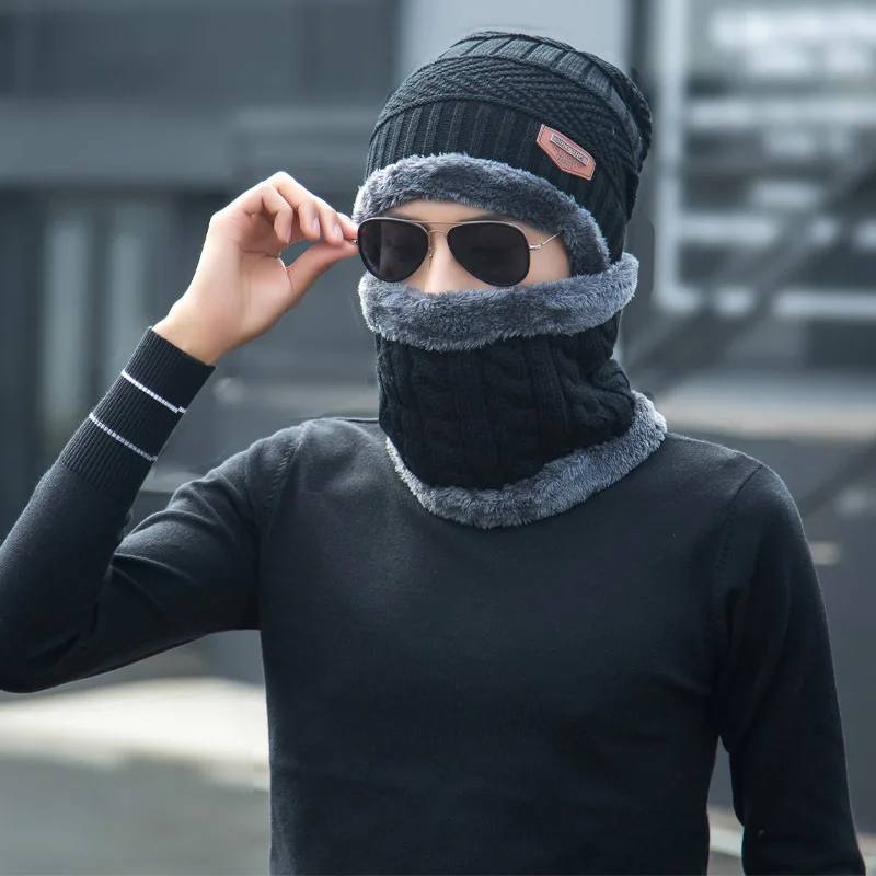 Winter Beanie Hat for Men Knitted Hat Winter Cap Beanie Women Thick Wool Neck Scarf Cap Balaclava Mask Bonnet Hats Set