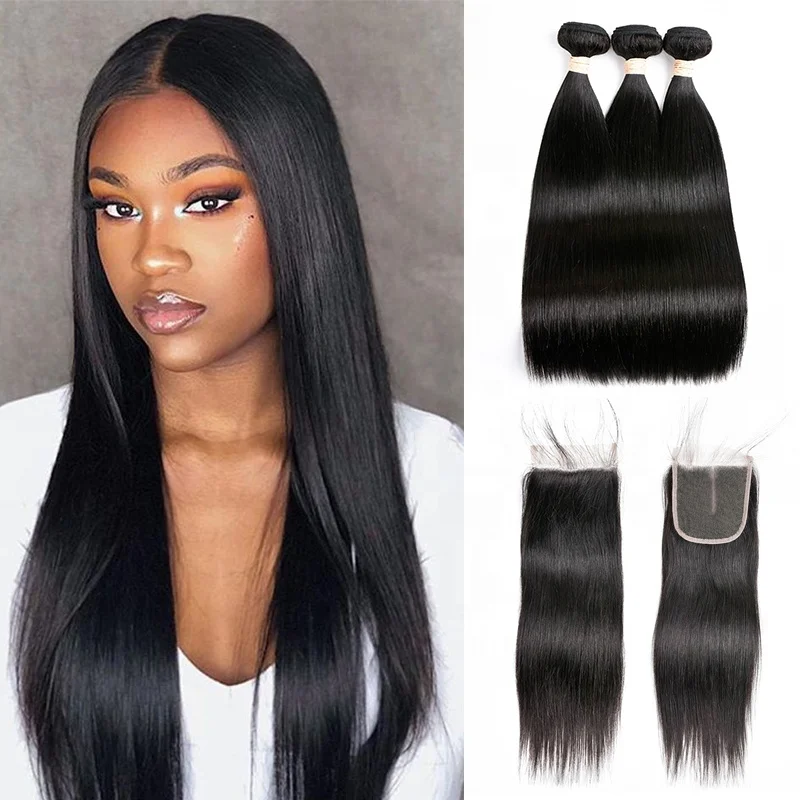 
Bundles with closure Virgin Cuticle Aligned Straight Hair Hair Bundles Brazilian Human Hair 3 Bundles with Closure 