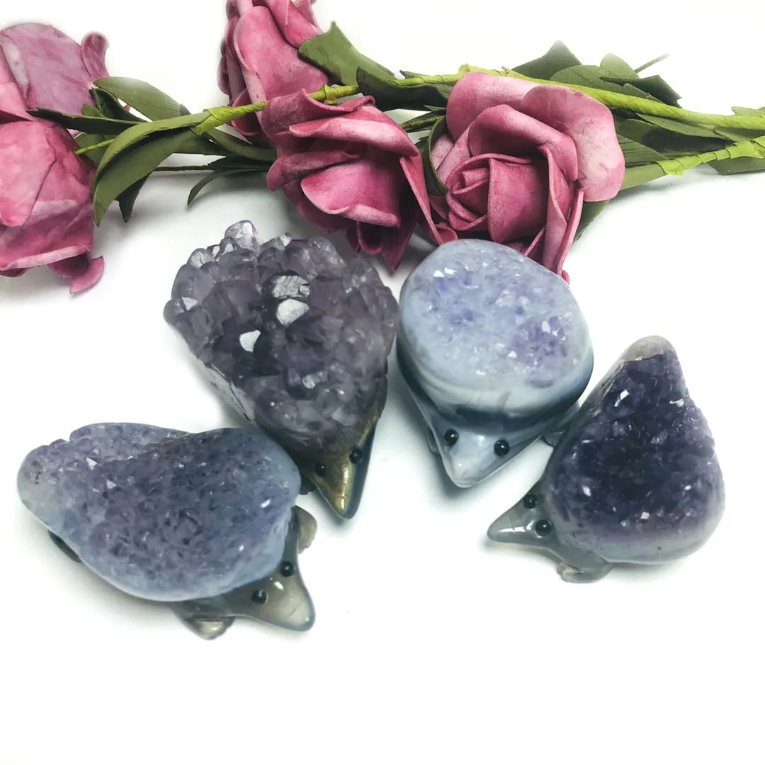 Natural crystal quartz carving hedgehog folk crafts amethyst cluster hedgehog for healing
