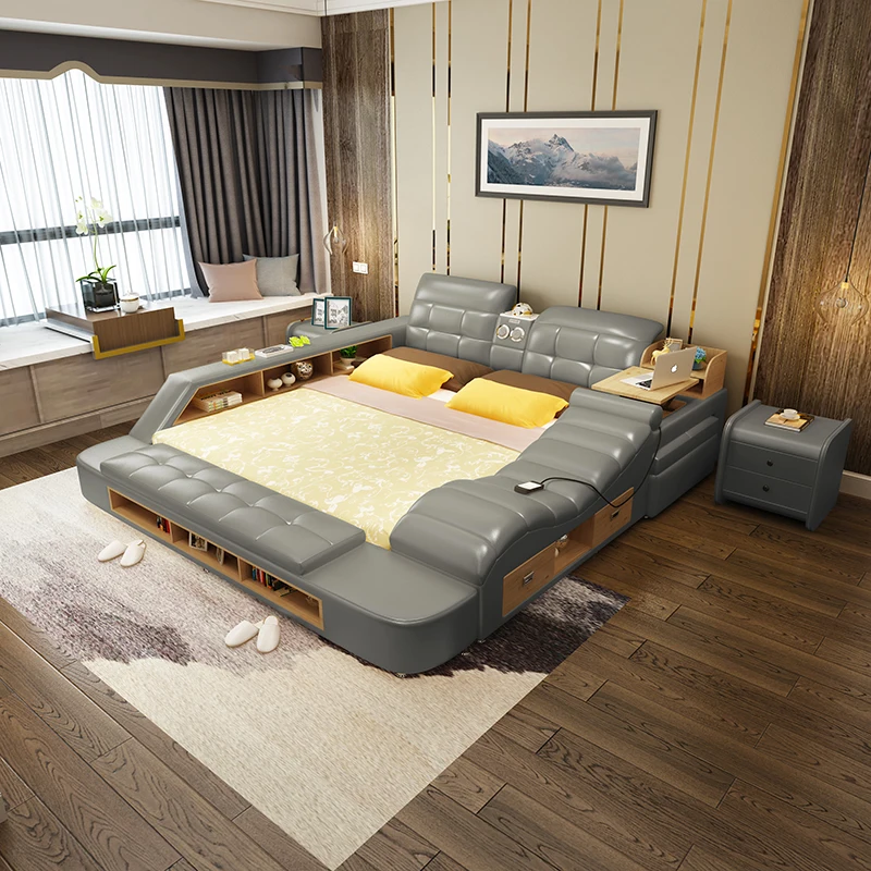 Современные многофункциональные массажные двухспальные кровати, умная кожаная кровать, татами, новая двухспальная мебель