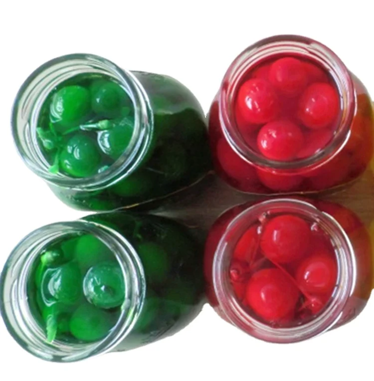 Chinese canned green maraschino cherries  in heavy syrup in jars