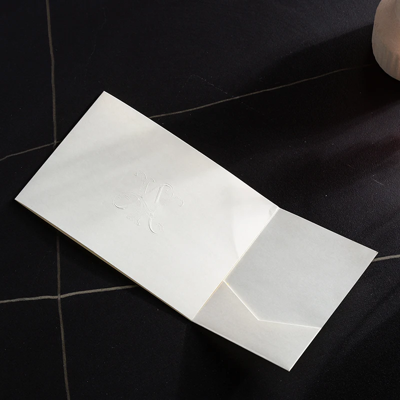 Custom stylish embossed cards texture paper wedding invitation folding cards black foil printing wedding menu card