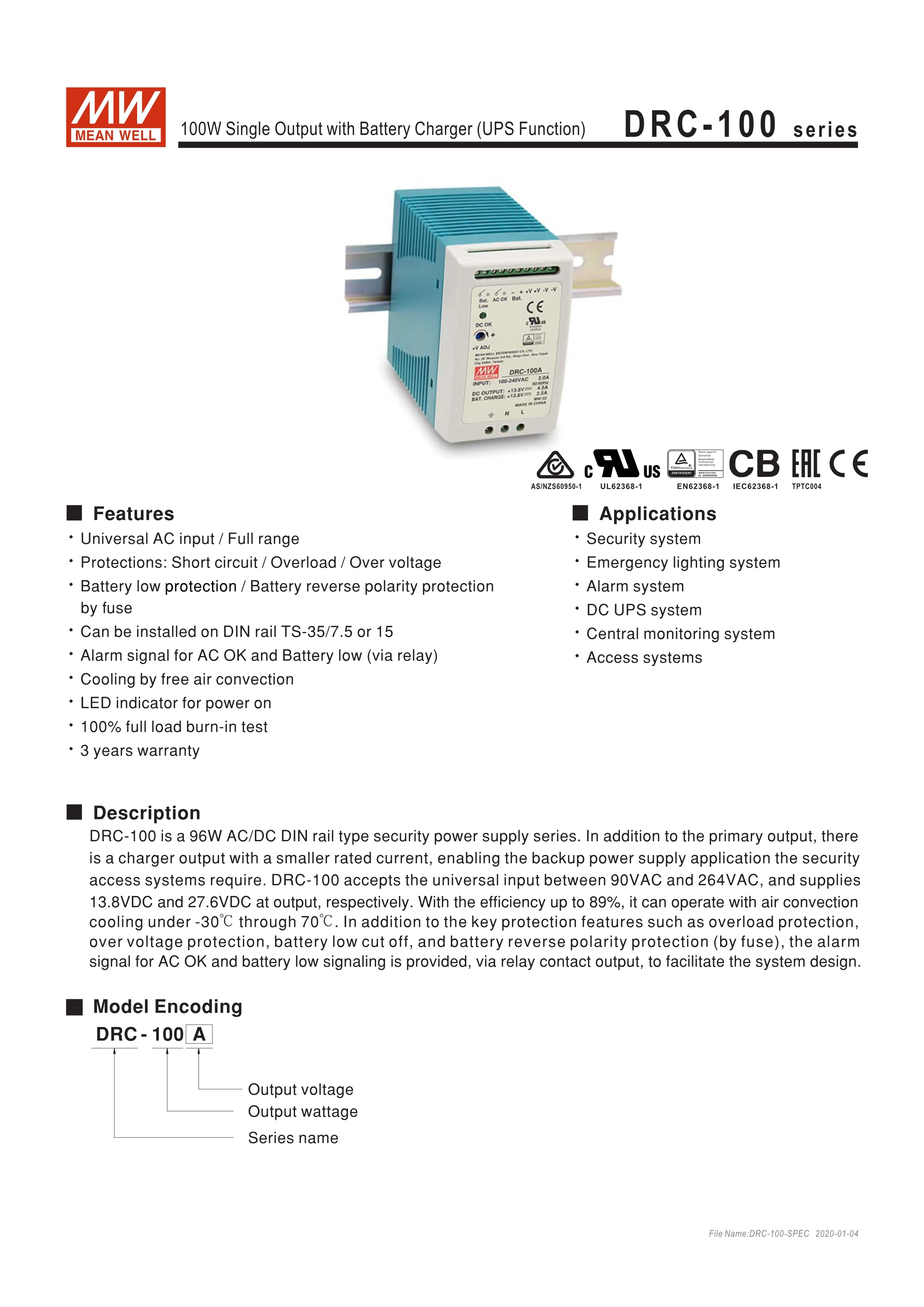 Original MEAN WELL DRC-100B 100W 27.6V Single Output with Battery Charger (UPS Function)