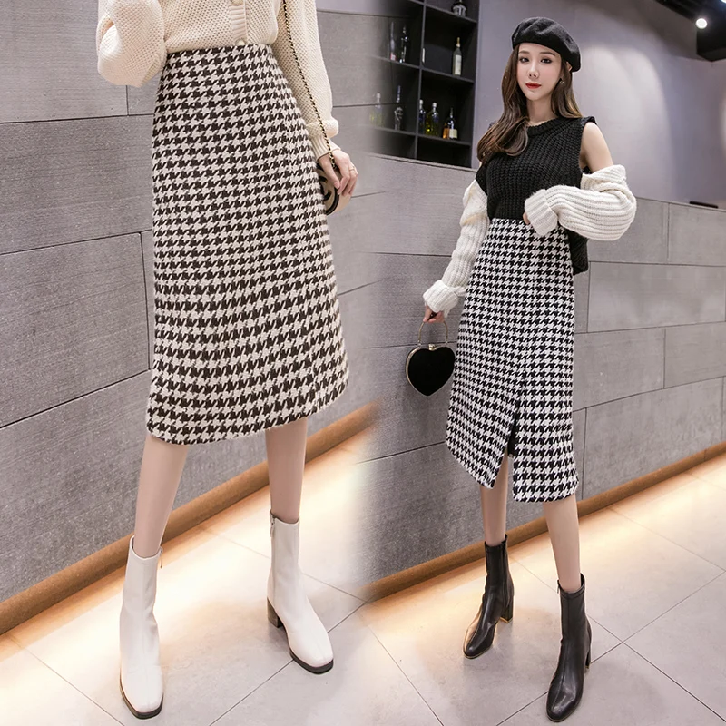 
Wholesale Woolen Elegant Women Long Split Skirts New Fashion Autumn & Winter Ladies Plaid Midi Skirts Wool Plaid Skirt 