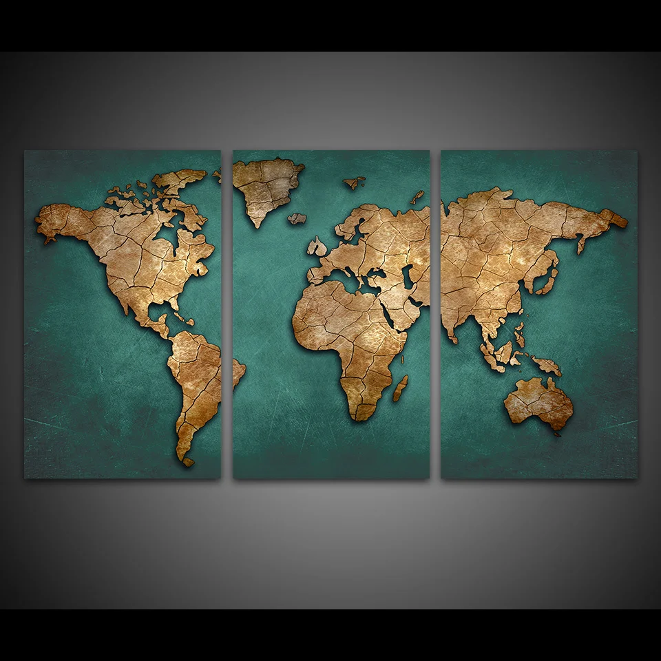 Canvas Prints Paintings Wall Art Framework Continent Pictures Fashion Vintage  3 Pieces World Map Posters Living Room Home Decor