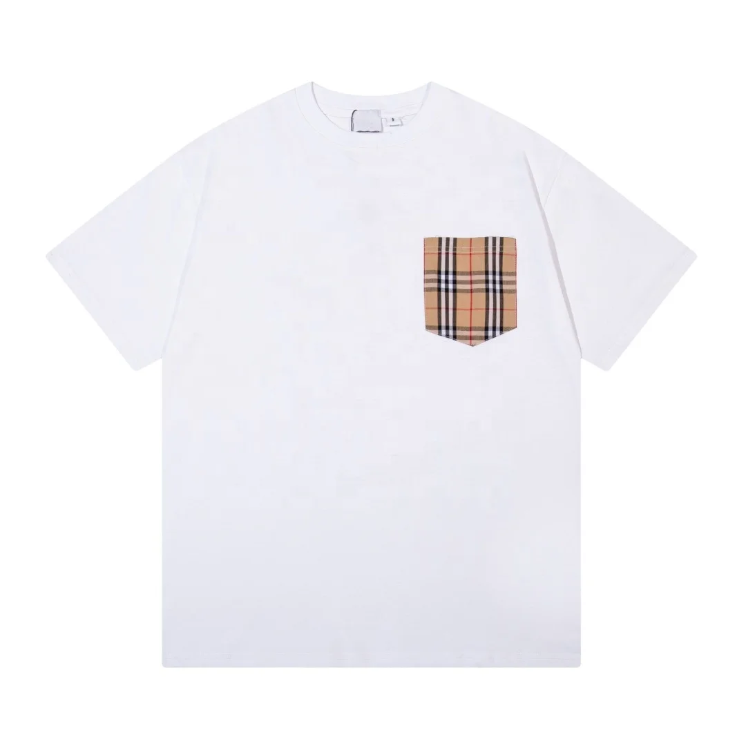 Bur Top quality casual retro short sleeve T-shirt berry men women simple plaid pocket O-neck 250g cotton loose short sleeve