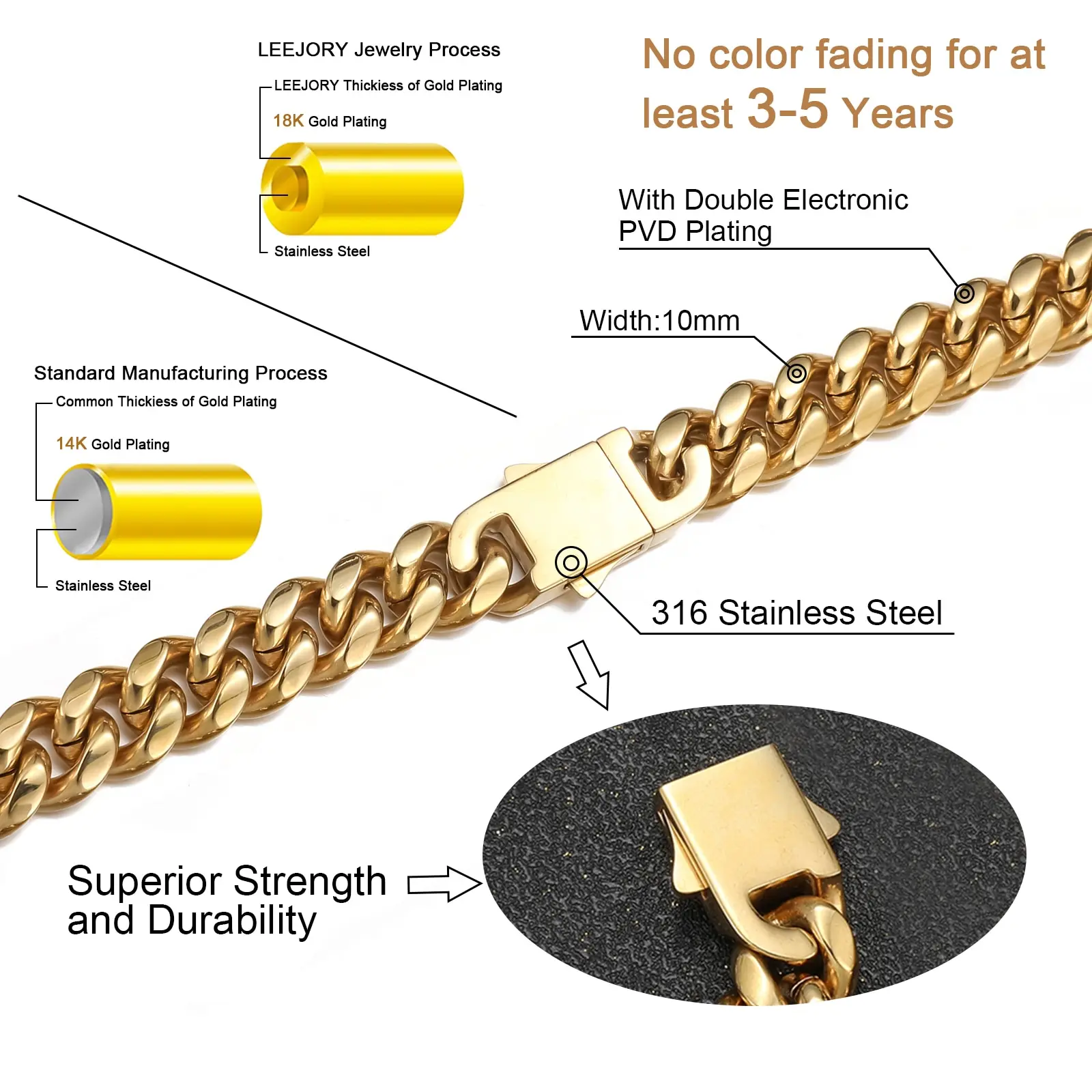 Fashion Necklace Jewelry Waterproof Stainless Steel Cuban Chain Hip Hop 14k 18k Gold Plated Miami Curb Cuban Link Chain for Men