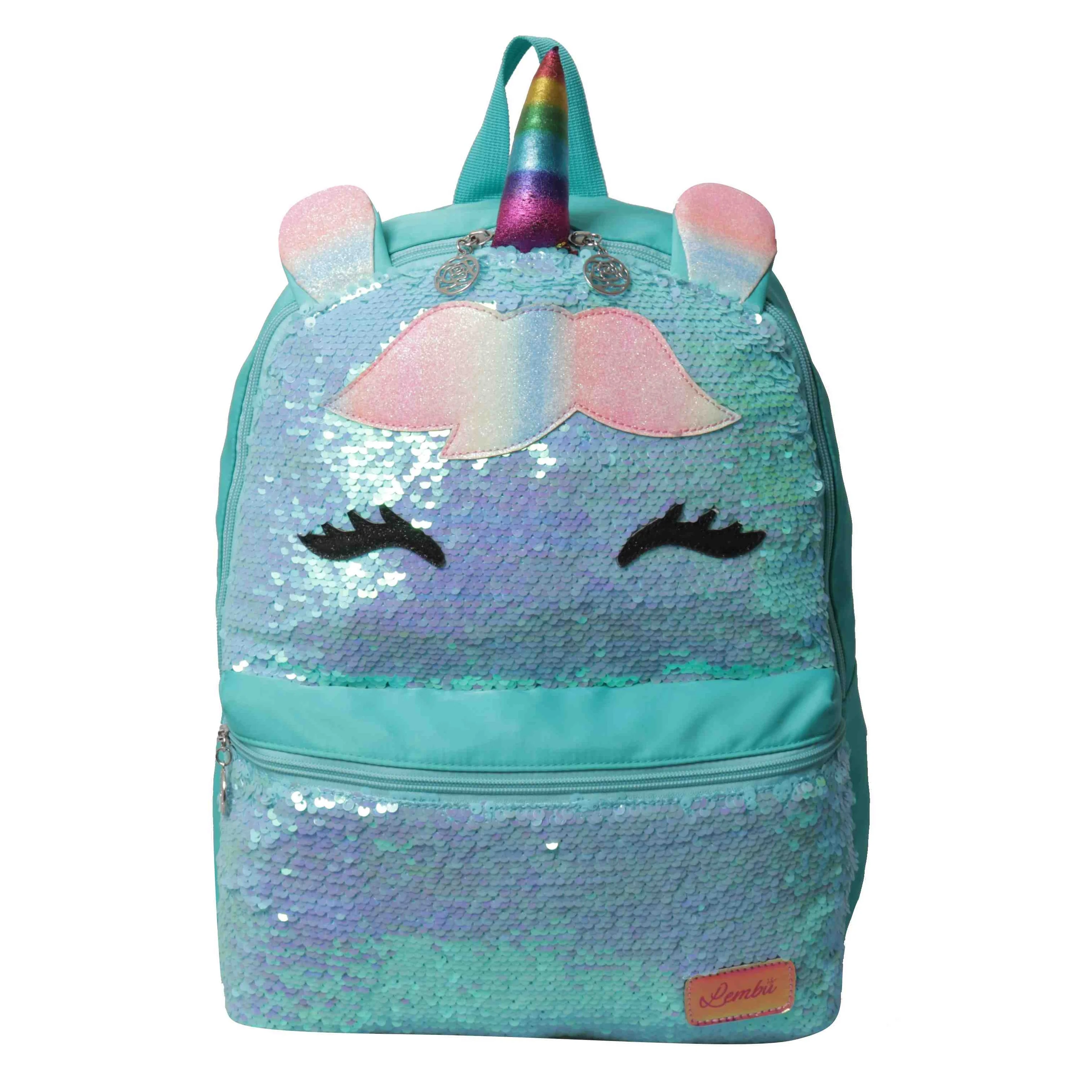  Оптовая продажа на заказ с изображением милых животных Back to Единорог Mochila школьный детский рюкзак пайетками комплект сумкой для девочек Bolsos