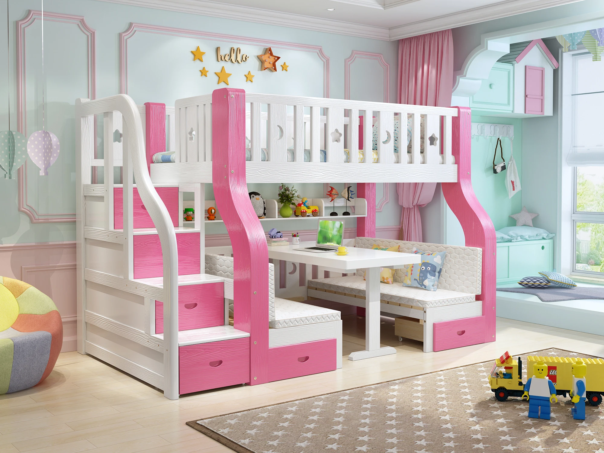 
Multifunction Solid Wood Bed Room Sets Children Twin Girl Pink Princess Bunk Bed 
