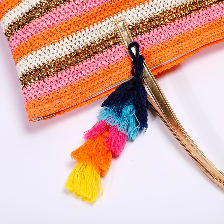 Factory Cheap Price Paper Material Hand Knitted Crochet Bag For Sale Handcraft Tote Crochet Bags With Pompon Beach Bag