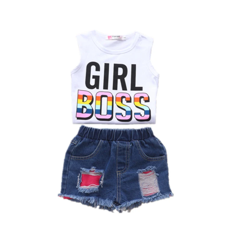 White tank top girls boss print denim shorts 2 piece fashion kids summer clothes