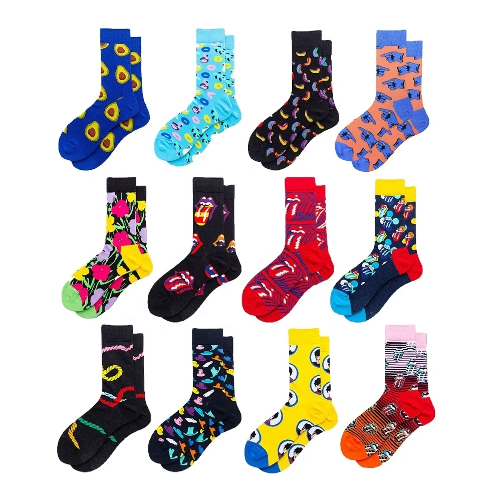 
print funny combed cotton crew socks custom oem design own mens happy socks crazy colorful wholesale china stock socks factory 