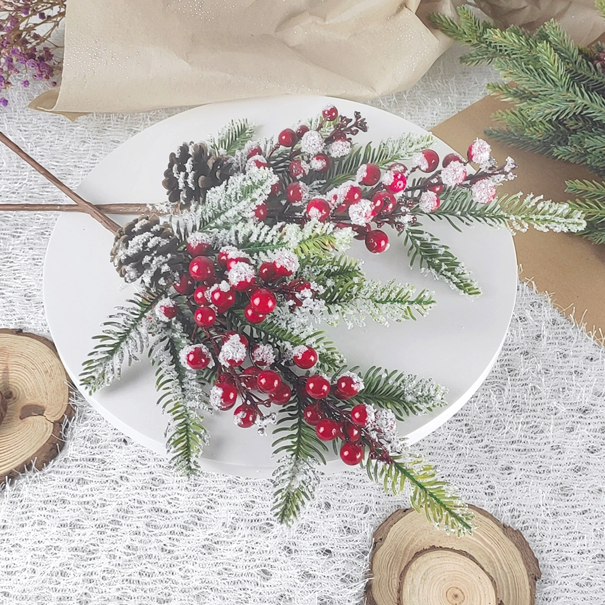 Wholesale Christmas Artificial Stem Berry Pick Xmas Decor Leaf Pick Spray Snow 19 Inch Handmade Berry Pick With Pine Cone Decor