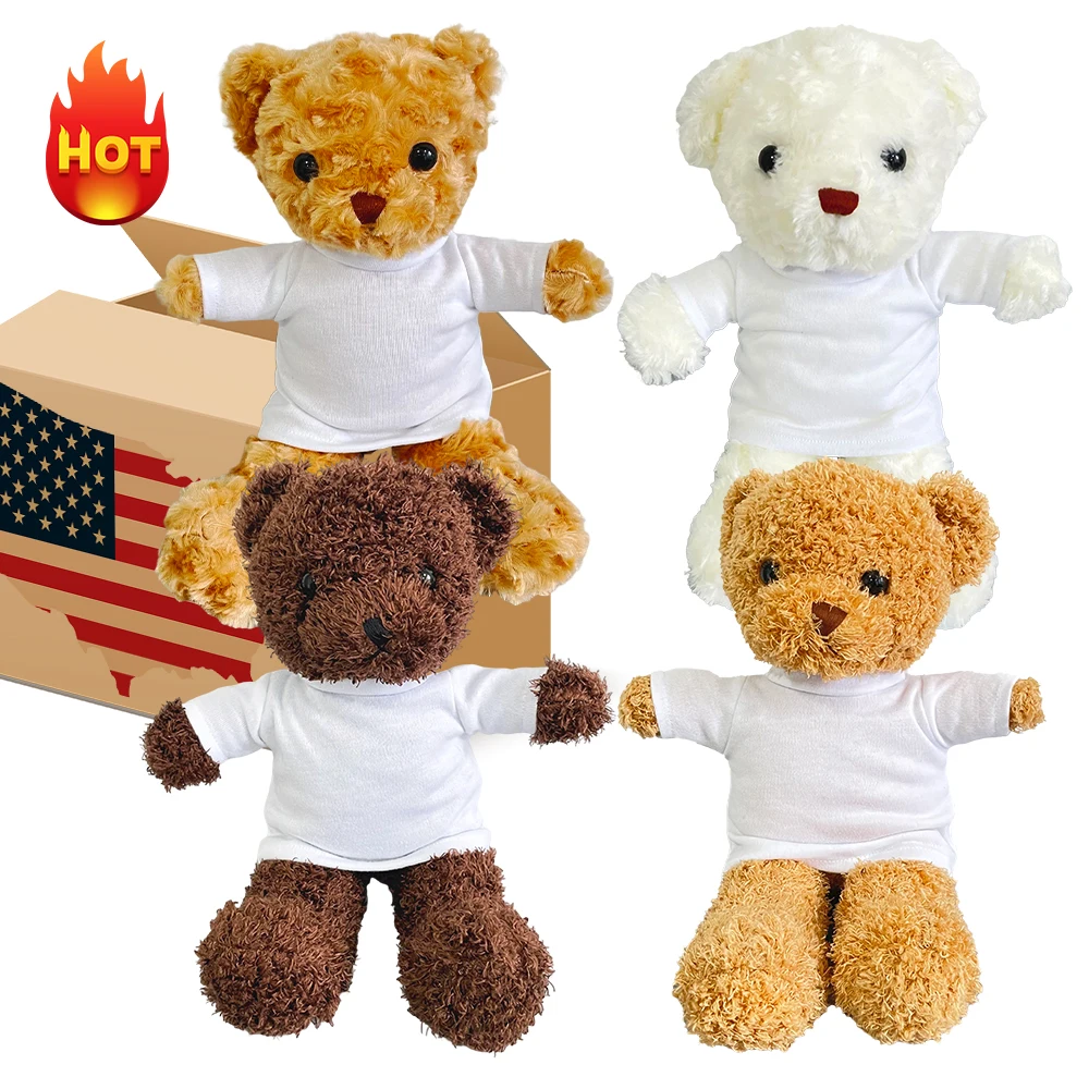 USA Warehouse Soft Washable Bear Toy Kid Baby Children Stuffed Sublimation Teddy Bear With White T Shirt For Heat Press