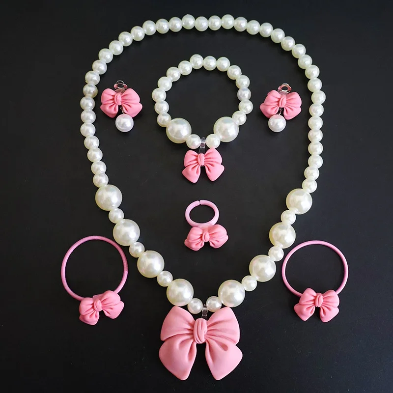7 sets little girls dress up jewelry gift for toddler princess bow tie pearl bracelet earring necklaces kids costume jewelry set