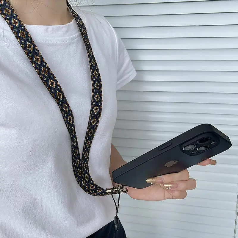 Custom Universal Bohemian Woven Shoulder Braided Crossbody Polyester Necklace Mobile Phone Strap Lanyard With Patch