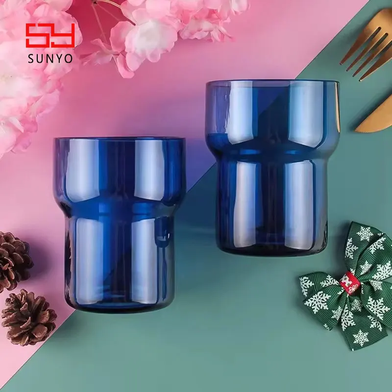 Custom Colored Design High Quality Handmade Borosilicate Stepped Surface Stacking Utility Blue Tumbler Colored Water Glasses