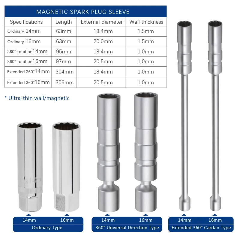 14mm 16mm Thin Wall Magnetic 360 degrees Swivel Spark Plug Socket  3/8-Inch Drive