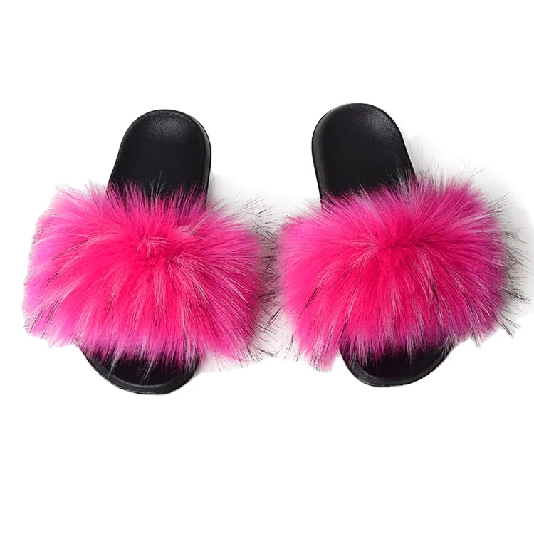 
Wholesale Faux Fur Slides Women Fur Slippers Furry Raccoon Sandals Fake Fox Fur Flip Flops Home Fuzzy Casual Plush Shoes 