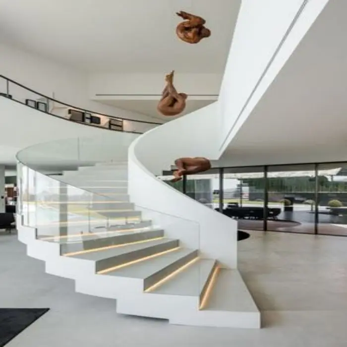 High Quality Modern Indoor Curved Staircase Interior ceramic stair step curved Stairs with Glass Railing stairs for small houses