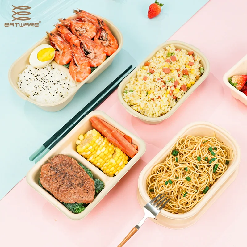 pfas free disposable degradable tableware take away bamboo food box compostable bamboo pulp plate 3 4 5 compartments lunch box