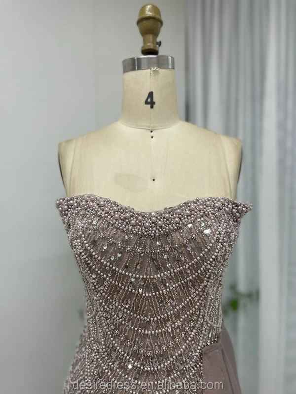 Newest Design White Beaded Pearls Mermaid Evening Dresses Strapless Sequined Prom Gowns With Side Train For Sexy Ladies MY30110