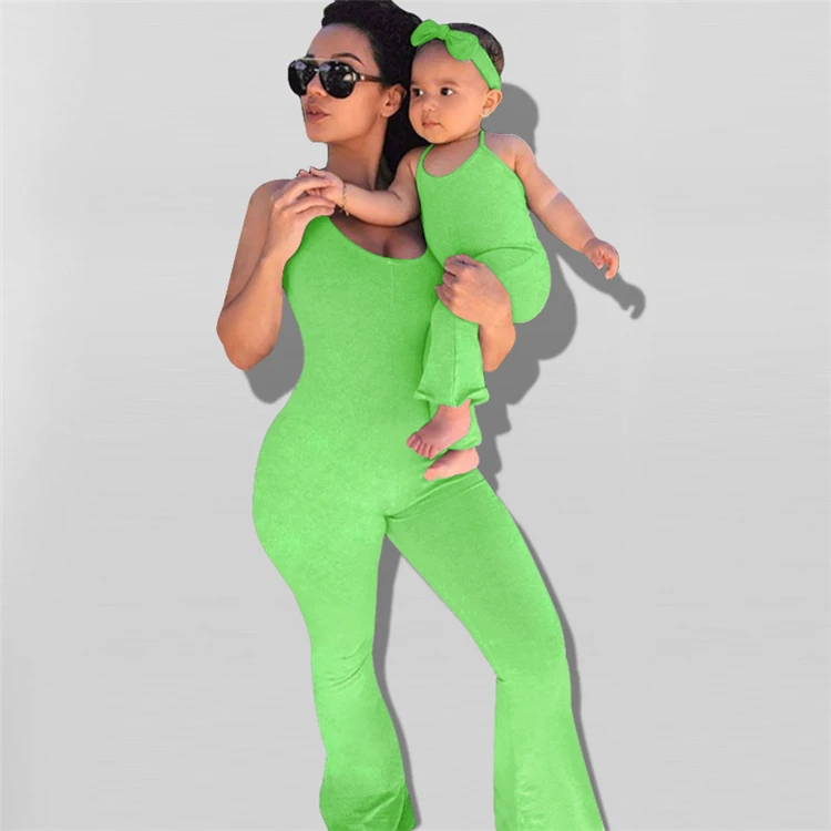 Amelie Hot Selling Halter Sleeveless Solid Color Summer Fashion Mother And Daughter Sets One Piece Long Flared Jumpsuits