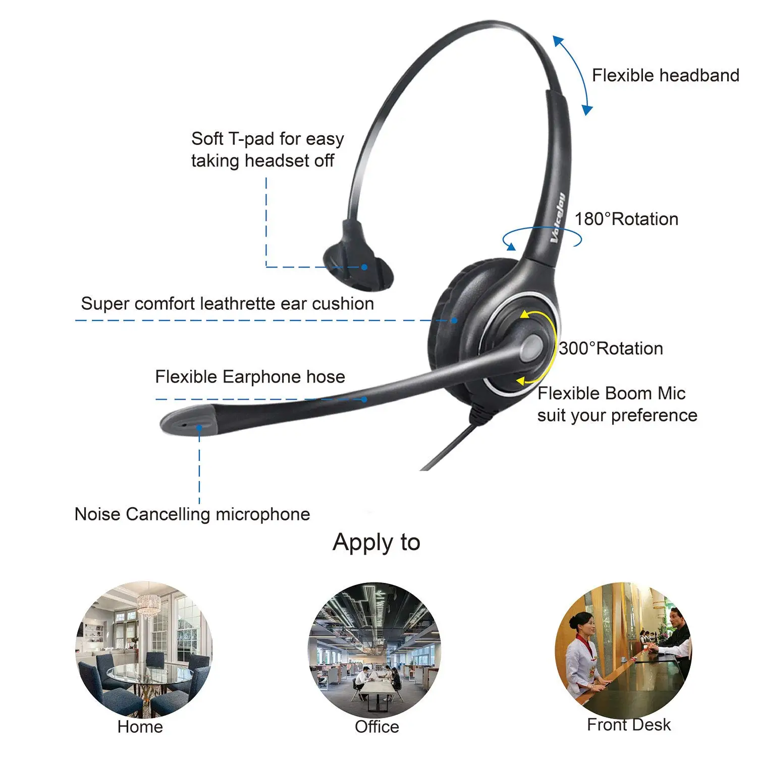 Single Ear Noise Canceling Headset for Call Center/Office with QD Cable for All Cisco 6000, 7800 and 8000 Series Phones