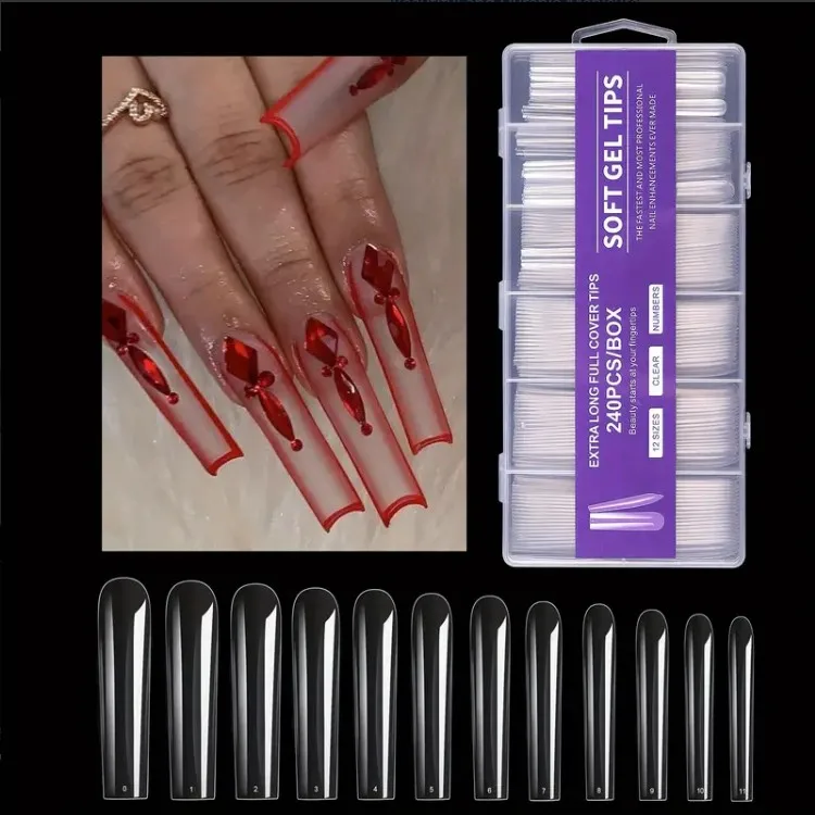 240pcs Full Cover Long Coffin Gel Nail Tips Set Clear Acrylic Press On Nails with French Tips for Beautiful and Durable Manicure