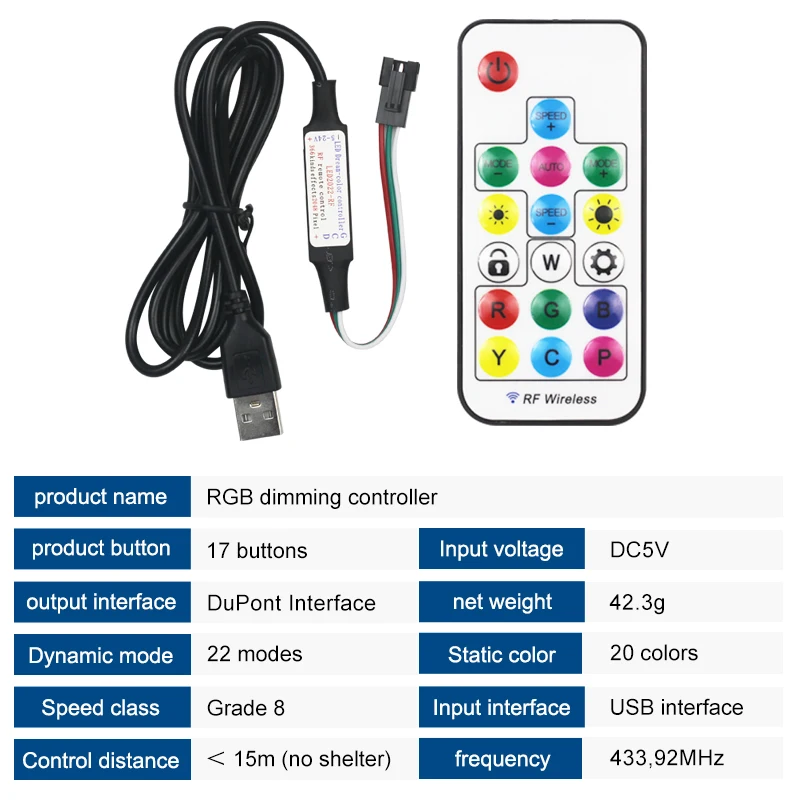 DC5V-24V Smart Wireless 17 key RF  IR Remote control dimming Controller For USB  rgb Led Light Strip dimmer