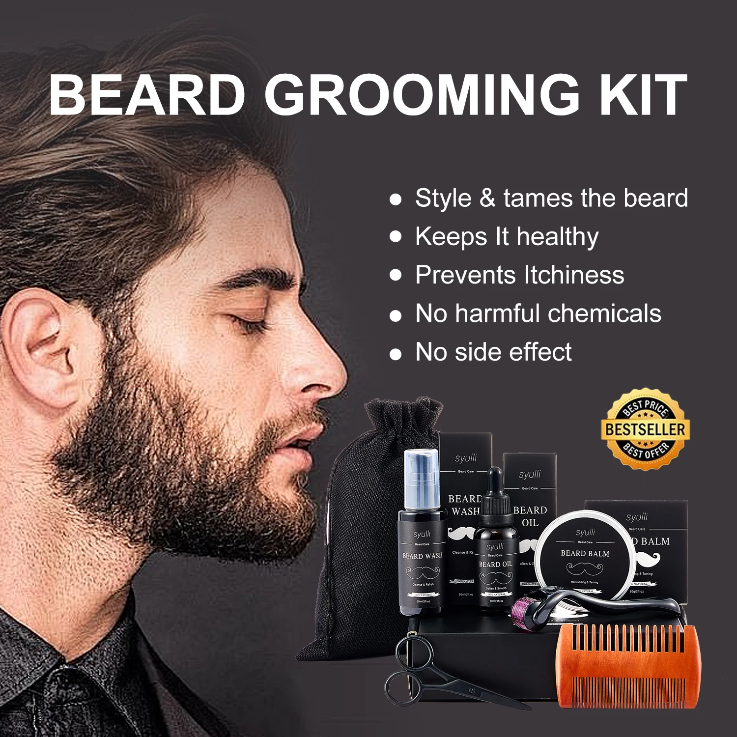 Private Label Natural Premium Mens Custom Beard Care Tool Kit Beard Roller Vegan Growth Oil Beard Grooming Set