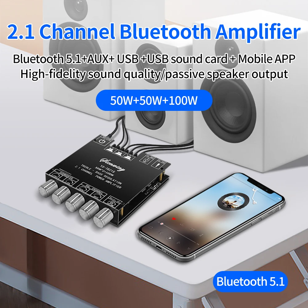 YS-TB21S TPA3116D2 2.1 Channel BT 5.1 Subwoofer Amplifier Board 50WX2+100W Power Audio Stereo Amplifier Board Bass AMP