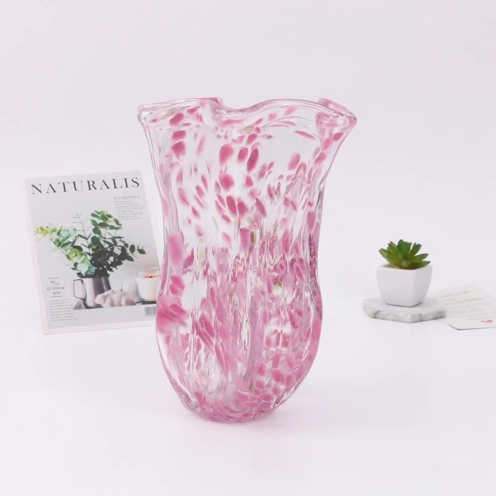 Modern hand blown Home Hotel tabletop decor handmade cherry pink gold pink colored glaze Murano art flower arrange glass vase
