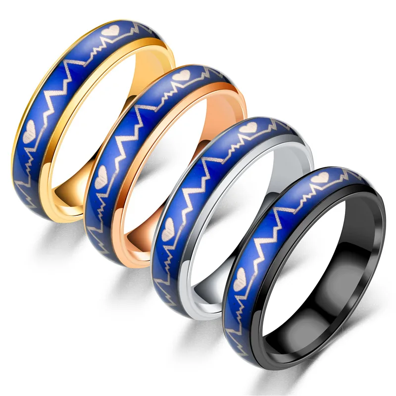 Unique Design Black Silver Rose Gold Plated Change Color Stainless Steel Heart Rate Mood Ring