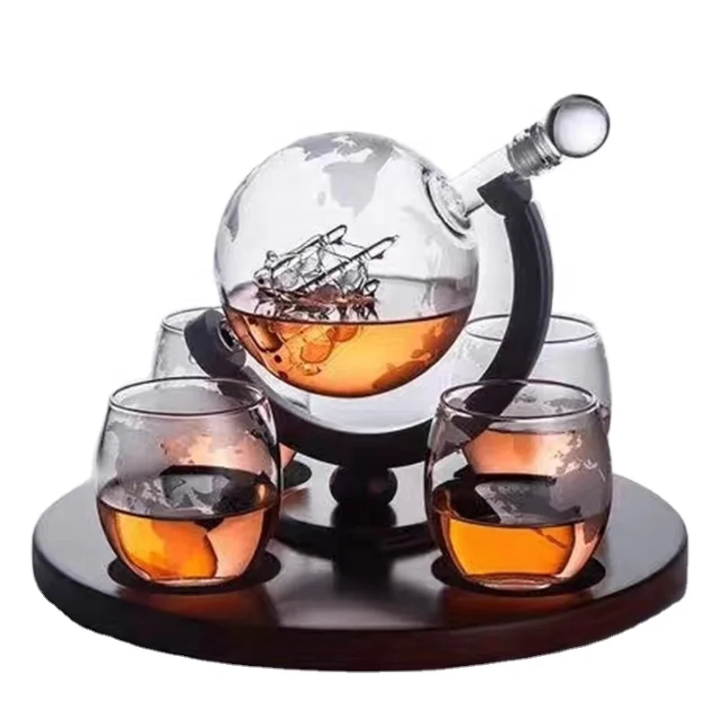 Whisky decanter globe unique glass whiskey modelling of sailing wine decanter with wooden base with 2 glasses set