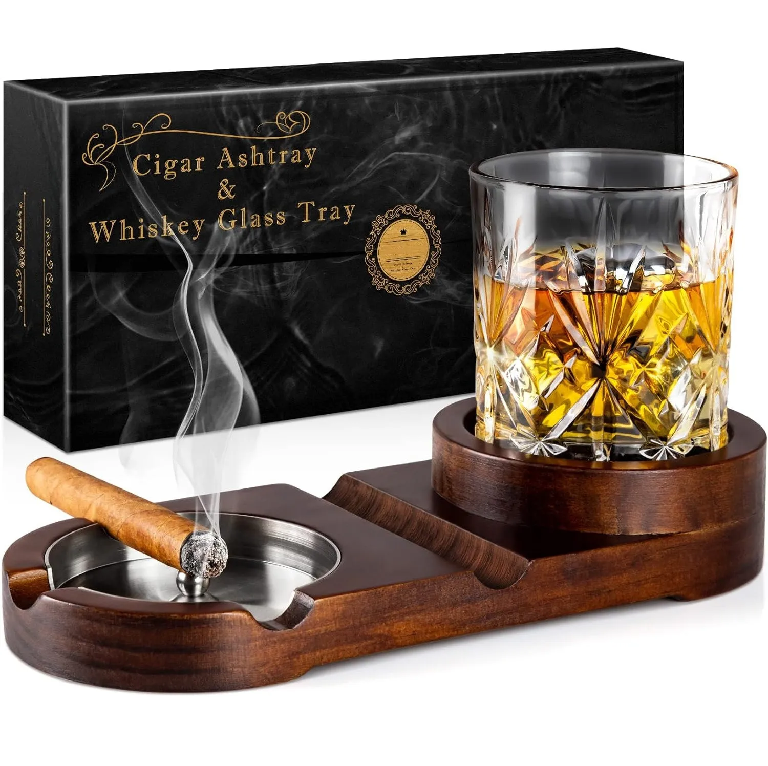 Custom luxury large oval walnut wooden cigar ashtray, whiskey glass tray and cigar holder