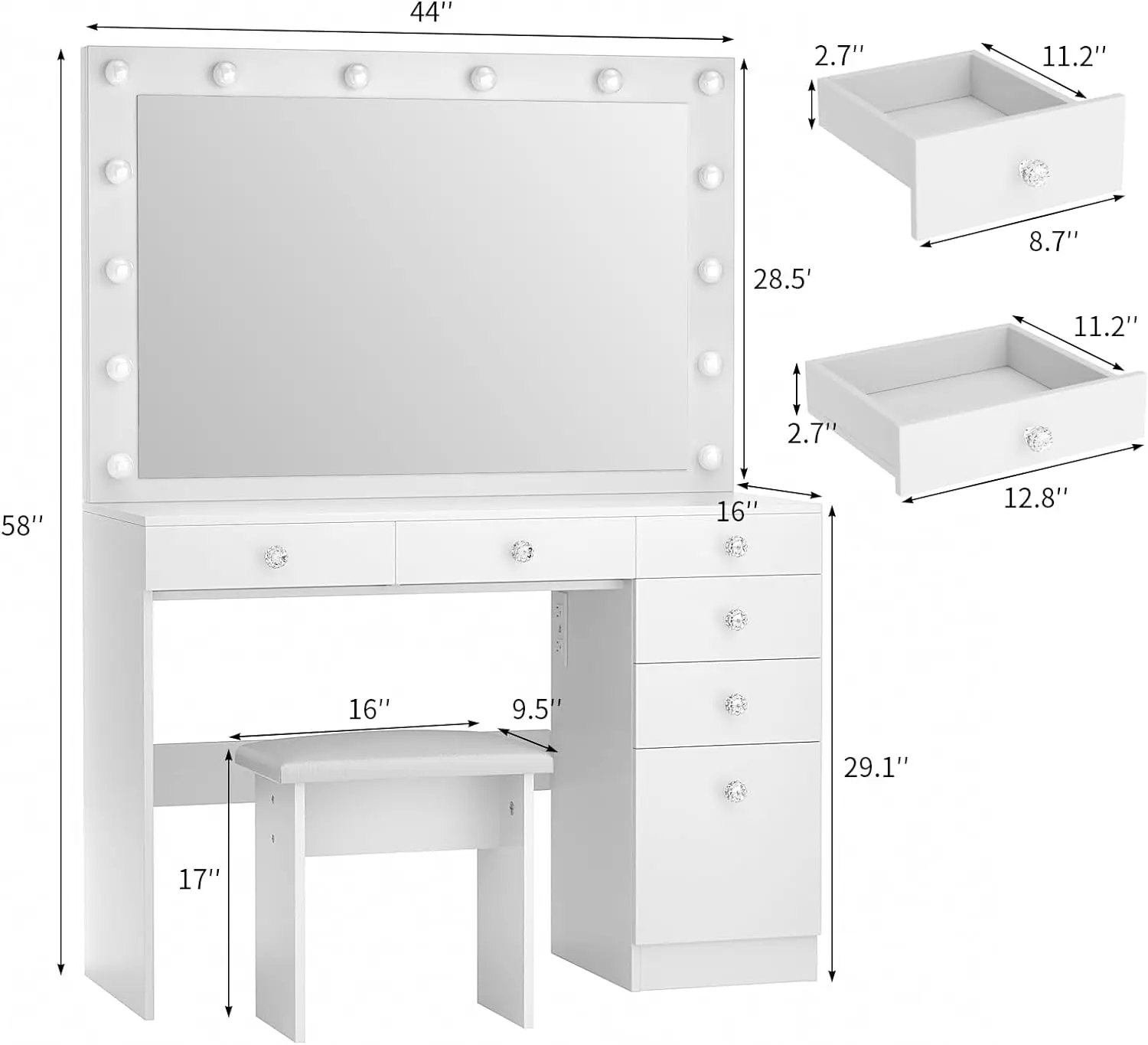 Modern Makeup Table Set MDF Wood Vanity Dressing Table with LED Light Standing Mirror Stool Feature Storage